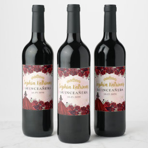 Etiqueta Para Botella De Vino Borgoña Princesa Floral de Oro Quinceanera Cumplea