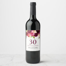 Etiqueta Para Botella De Vino Borgoña Red Floral Boho Fiesta 30 de cumpleaños
