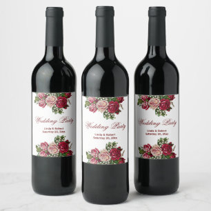 Etiqueta Para Botella De Vino Borgoña Rosas Rústicos Rojos Floral Boda de campo