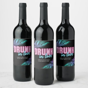 Etiqueta Para Botella De Vino Borracha Enamorada Neon Azul y Rosa Tropical Bach