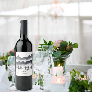 Etiqueta Para Botella De Vino Bosque de Árboles Montaña Negro Blanco Gracias Bod