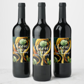 Etiqueta Para Botella De Vino Botanical Orchid Greens & Golds