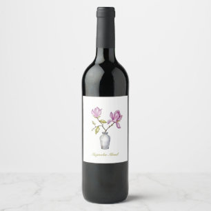 Etiqueta Para Botella De Vino Botánico de Acuarela de Magnolia Rosa