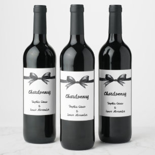 Etiqueta Para Botella De Vino Bow negro y blanco   Boda elegante   Monocromo