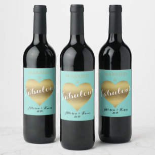 Etiqueta Para Botella De Vino BRIDE CO Fabulous Gold Heart Verde azulada Blue Sh