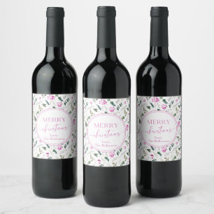 Etiqueta Para Botella De Vino Bright Pink Botanical Merry Christmas Holiday