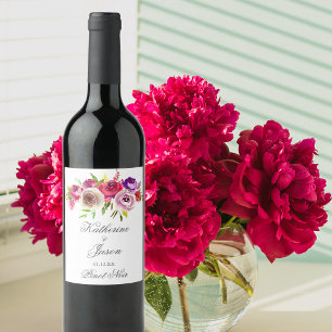 Etiqueta Para Botella De Vino Brillante Fuchsia Floral Rosa Romántica Boda Jardí