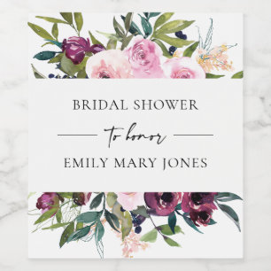 ETIQUETA PARA BOTELLA DE VINO BRILLANTE RUBOR BURGUNDY FLORAL BUNCH BRIDAL DUCHA