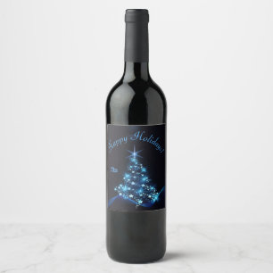 Etiqueta Para Botella De Vino Brillo azul de estrellas en árbol de Navidad oscur