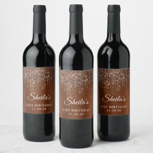 Etiqueta Para Botella De Vino Brillo de Bronce que Gotea Glam 21 Cumpleaños