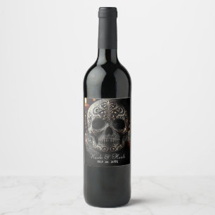 Etiqueta Para Botella De Vino Brillo Negro Glam Brillante Calavera Gótico