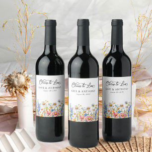 Etiqueta Para Botella De Vino Brindis al Amor Boda de Campo con Flores Silvestre
