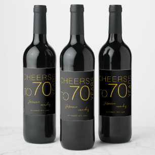 Etiqueta Para Botella De Vino Brindis por 70 años Black Gold Elegante Cumpleaños