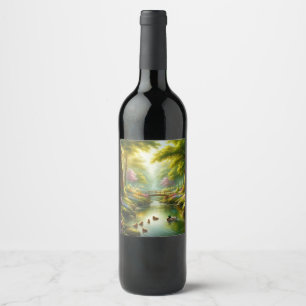 Etiqueta Para Botella De Vino Brook de primavera con patos/flores