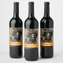 Etiqueta Para Botella De Vino Bruja de Halloween con calabazas