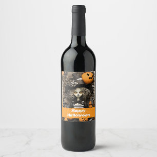 Etiqueta Para Botella De Vino Bruja de Halloween con calabazas