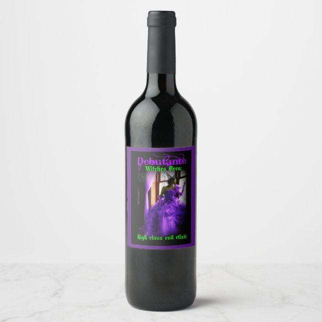 Etiqueta Para Botella De Vino Bruja Morada de Halloween (Anverso)