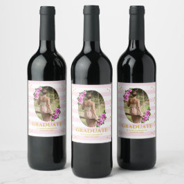 Etiqueta Para Botella De Vino Brunch de graduación con rosas rosadas a rayas