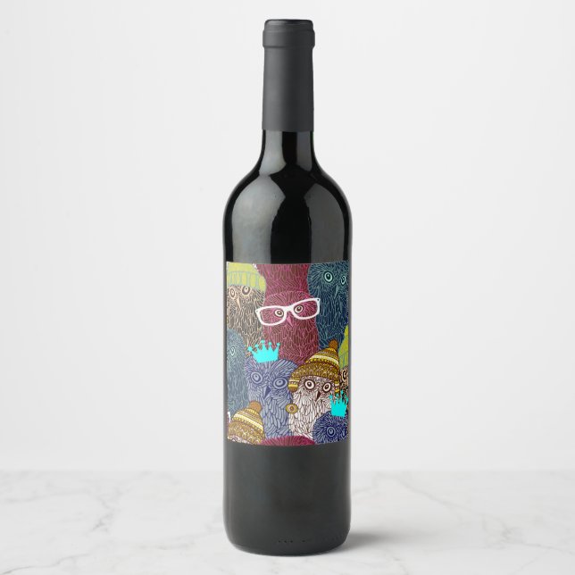 Etiqueta Para Botella De Vino Búho en la corona (Anverso)