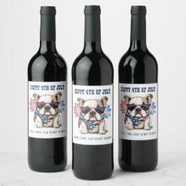 Etiqueta Para Botella De Vino Bulldog 4 de Julio Día de la Independencia Rojo Bl