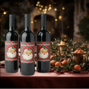 Etiqueta Para Botella De Vino Buon Natale (apellido) Vintage Santa plaid