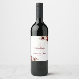 Etiqueta Para Botella De Vino Burgundy Floral Elegante Boda de Monograma Rubor