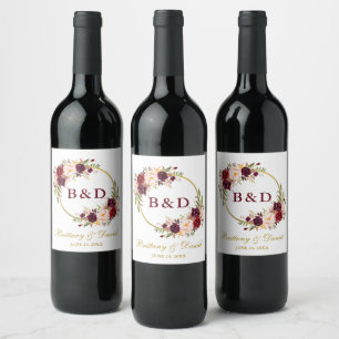 Etiqueta Para Botella De Vino Burgundy Floral Wreath Monograma Gold Boda