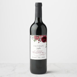 Etiqueta Para Botella De Vino Burgundy Flowers, Red Flowers, Greenery, Birthday