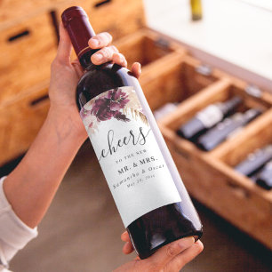 Etiqueta Para Botella De Vino Burgundy Moderno Rosado Floral 
