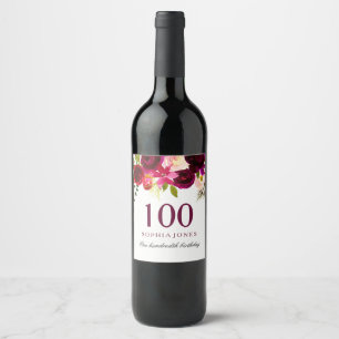 Etiqueta Para Botella De Vino Burgundy Red Floral Boho 100 cumpleaños