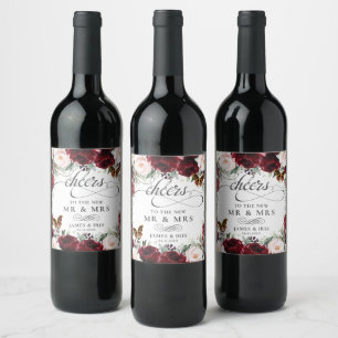Etiqueta Para Botella De Vino Burgundy Rubor Floral Boda Butterflies Gold