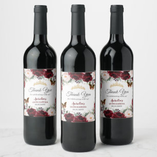 Etiqueta Para Botella De Vino Burgundy Rubor Floral Quinceañera Mariposas Dorada