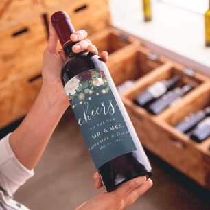 Etiqueta Para Botella De Vino Burgundy Rústico Azul Marino & Flores & Luces Roja