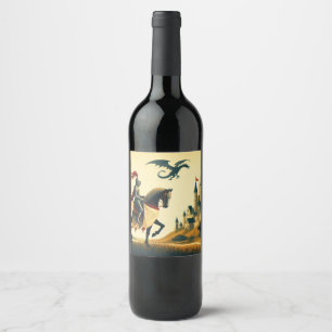 Etiqueta Para Botella De Vino Caballero medieval y castillo de wyvern fantasia
