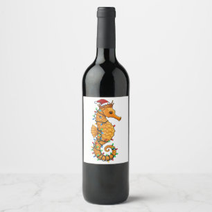 Etiqueta Para Botella De Vino Caballito de mar festivo con sombrero de Santa par