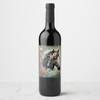 Etiqueta Para Botella De Vino Caballo marrón en flores.