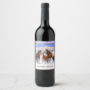 Etiqueta Para Botella De Vino Caballos Appaloosa De La Bahía Marrón En Nieve