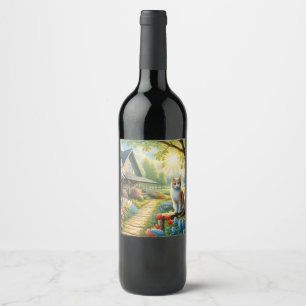 Etiqueta Para Botella De Vino Cabaña de primavera/jardín y gato