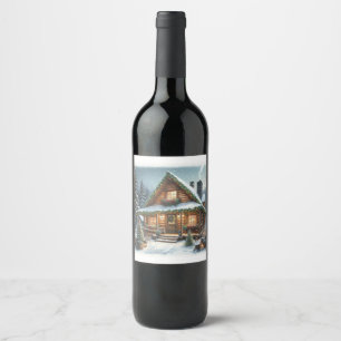 Etiqueta Para Botella De Vino Cabaña rústica de invierno/navidad nevada