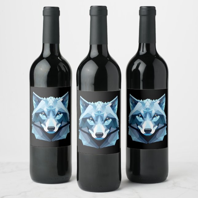 Etiqueta Para Botella De Vino Cabeza de lobo geométrica azul (Botellas)