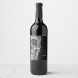 Etiqueta Para Botella De Vino Cabeza De Medio Calavero De Guay Gótica Negro Y Bl