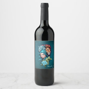 Etiqueta Para Botella De Vino Cabeza de mujer hermosa con ojos expresivos