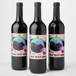 Etiqueta Para Botella De Vino Cachorro Pug PopArt Estilo Retro