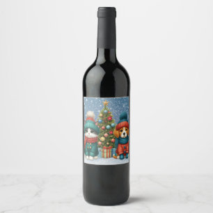 Etiqueta Para Botella De Vino Cachorro y gatito lindos de Navidad