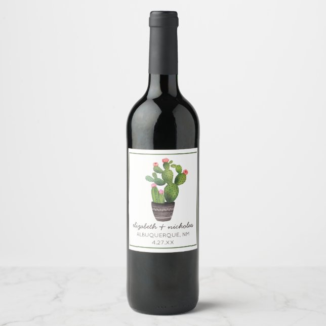 Etiqueta Para Botella De Vino Cactus floral rosa (Anverso)