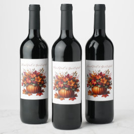 Etiqueta Para Botella De Vino Calabaza de Acción de Gracias con hojas de otoño