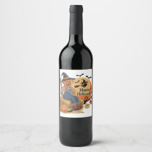 Etiqueta Para Botella De Vino Calabaza de espantapájaros Halloween Rústica Vibes