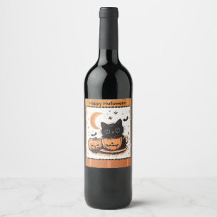 Etiqueta Para Botella De Vino Calabaza de gato lindo de Halloween