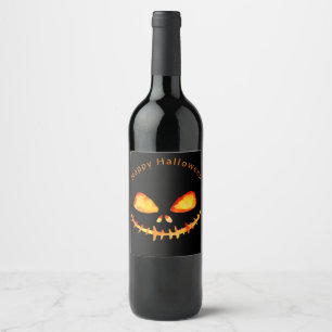 Etiqueta Para Botella De Vino Calabaza de Halloween con cara de acuarela