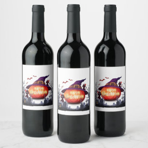 Etiqueta Para Botella De Vino Calabaza de Halloween, gatos y avispas